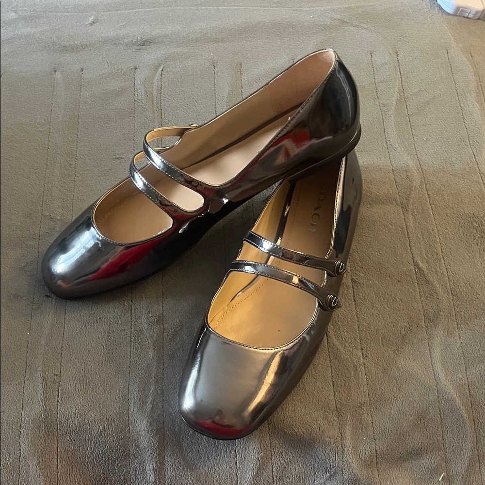 Coach Shiny Silver Mary Jane Flats